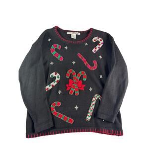 Victoria Jones Christmas Sweater Womens M Black Candy Cane Beaded Ugly Holiday